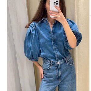 Zara ZW COLLECTION DENIM BLOUSE Puff sleeves Blue S M L NWT